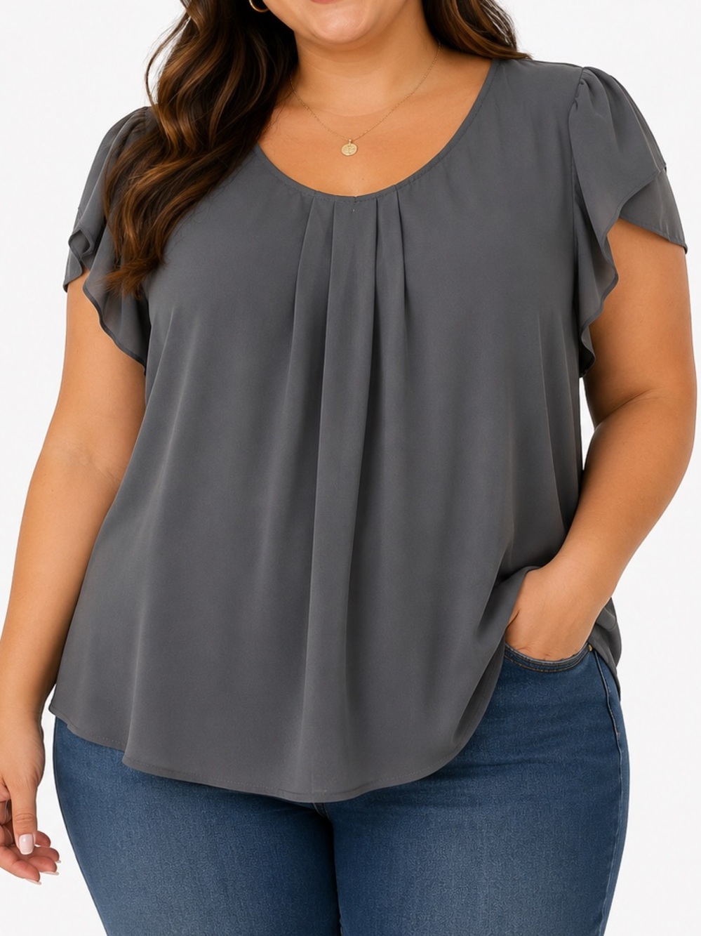 Papermoon Womens Charcoal Gray Scoop Neck Flutter Sleeve Blouse Workwear Chic